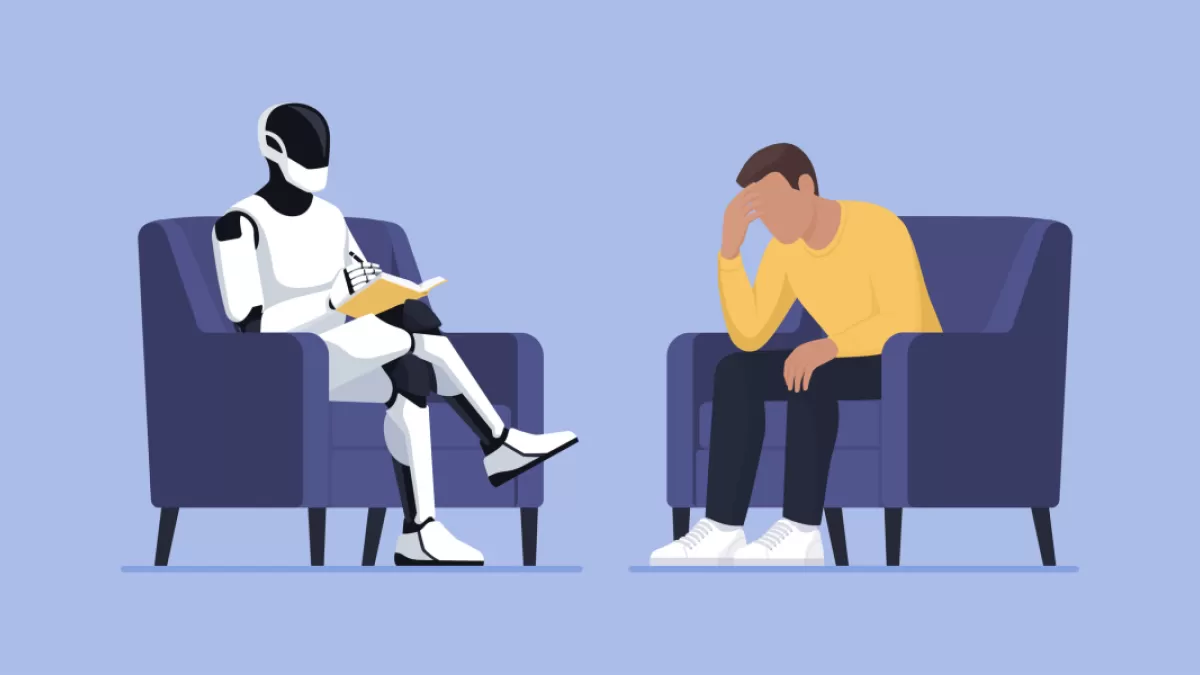 A person in conversation with a thoughtful robot holding a notebook